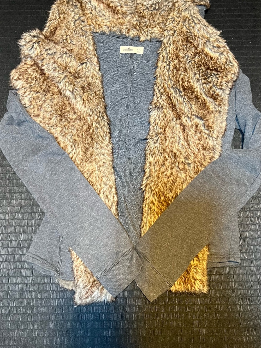 Hollister Gray Cardigan with Faux-Fur Brown Trim
